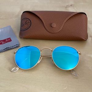 Ray Ban round metal polarized women’s sunglasses, gold frame, blue flash lenses